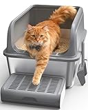 Powools Cat Litter Box - Stainless Steel Litter Box with Scatter-Proof Elevated Step Board for Kitty Use, Robust & Non-Sticky Metal Cat Box with Scoop, Grey