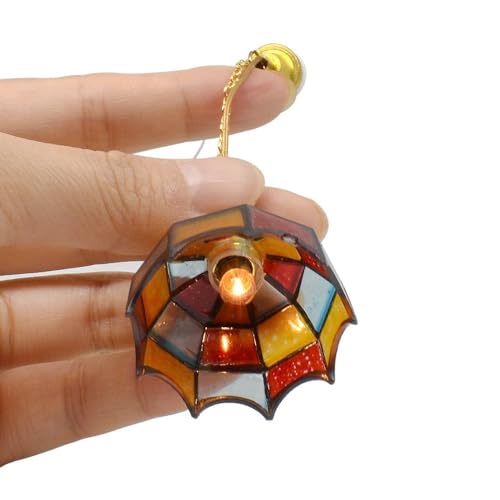 iLAND 1/12 Scale Accessories of Dollhouse Lights, Classic Miniature Lamp for Dollhouse Decoration, Beautiful Mosaic Lattice Pendant Light w/Plug