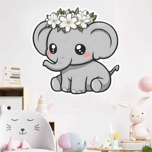 Image of Cute Ba-by Elephant Wall Sticker with Floral Crown | Self Adhesive PVC Wall Decal for Ki-ds Room, Nursery, Bedroom & Playroom Decor