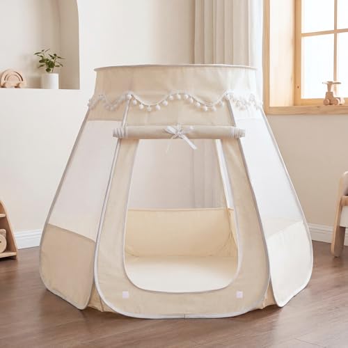 LIONHERZ® DAS ORIGINAL 2in1 Bällebad-Spielzelt für Kinder aus Baumwolle/Hanf [115x93cm] Pop-up Kinderzelt [faltbar & atmungsaktiv] Baby Ballzelt & Spielhaus Indoor | Jungen & Mädchen (Cremeweiß)