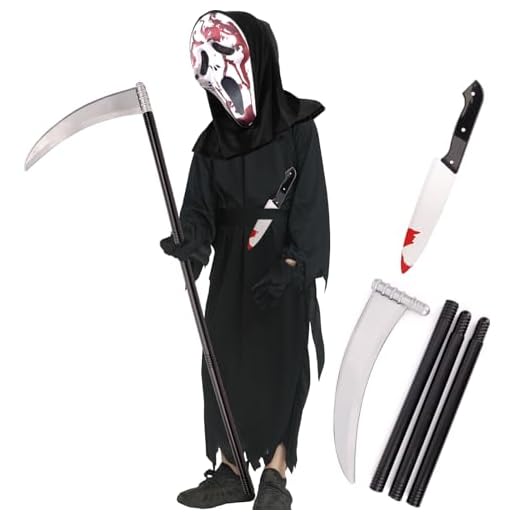 6er Halloween Kostüm Kinder Scream Set - Ghostface Kostüme 8-10 Jahre mit Maske & Blutiges Messer & Scary Movie Sense,Scream Kostüm Kinder Halloween Gruselig Horror Screen Costume Jungen Mädchen