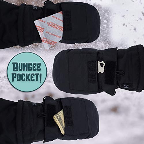 L-Bow Kids Mittens + Bungee Pocket Style for Hand Warmers + Waterproof Stay On Design + Cold Weather 3M Thinsulate Material + Winter Toddler Mittens for Snow (Black, Medium)4