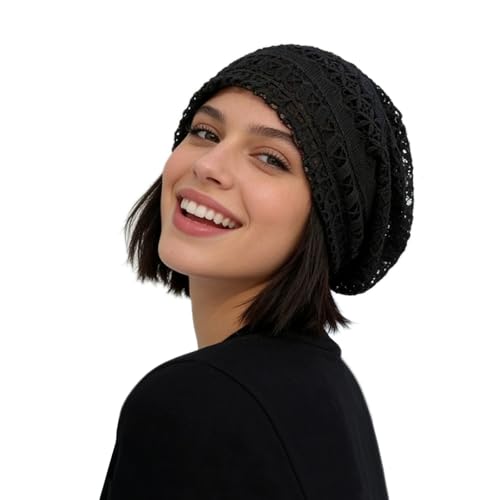 IDOLPET Crochet Slouchy Beanie Hat Handmade Knit Slouchy Floral Skull Hat Cutout Hats for Women Lightweight Knitted - G Black