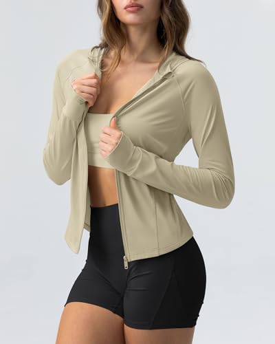 GYM RAINBOW Sun Protection Jacket Full Zip Up Hoodie Long Sleeve Workout Jackets for Women Running Athletic Gym BBL Jackets(#1 Khaki,Medium) — view 3