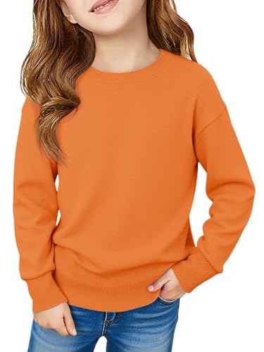 Haloumoing Girls Long Sleeve Sweaters Kids Casual Crew Neck Knit Cute Fall Pullover Tops 5-14 Years Orange