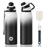 FJbottle 水筒 1.5リットル 真空断熱 スポーツボトル 保温 保冷 スポーツ飲料対応 1500ml 1.5l すいとう 広口 洗いやすい ステンレスボトル マグボトル 洗浄用スポンジ付き 女の子 男の子 おしゃれ 大人 子供 アウトドア グラデーション ブラック×ホワイト