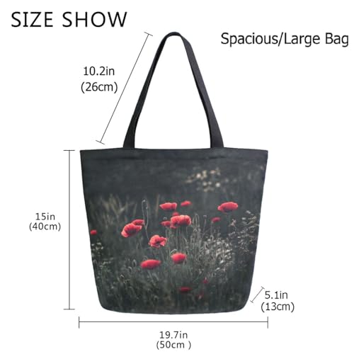 Wild Field Red Poppy Flowers Extra Large Canvas Gym Shoulder Tote,Durable Daily Reusable Top Handle Bag for Mens Womens Yoga Weekender Picnic Beach Travel Market Shopping3