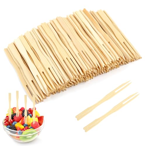 Deepton 400PCS Wooden Fruit Forks, Two Claw Disposable Bamboo Forks, 3.5 Inch Cocktail Fork, Food Picks for Banquet Parties Buffets Food Catering