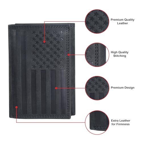 Image of ASAD Leather Slim Everyday Trifold Wallet with ID Window and Multiple Card Slots | Genuine Leather Double Stitched RFID Blocking Stylish | Gift for Him | Black Crazy Horse American Flag Design