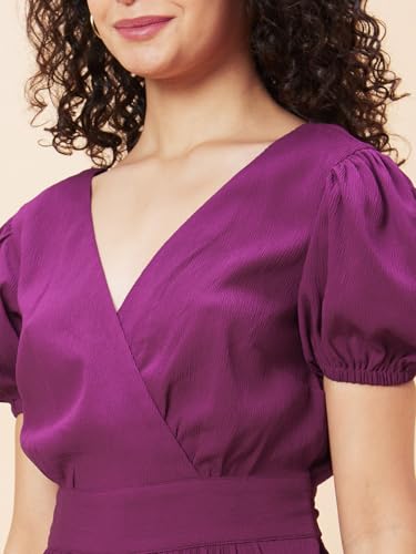 Image of Globus Women Wine Solid Wrap V-Neck Short Sleeves Jumpsuit with Waist Tie-Up-3638457004