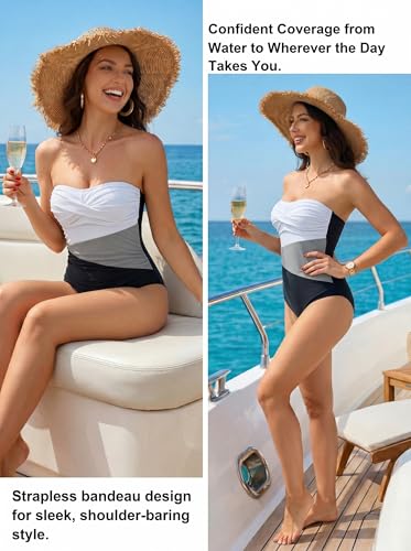 Image of Smismivo Tummy Control Swimwear Strapless One Piece Swimsuit Ruched Bathing Suits for Women Slimming Bandeau Tube Top Bikini