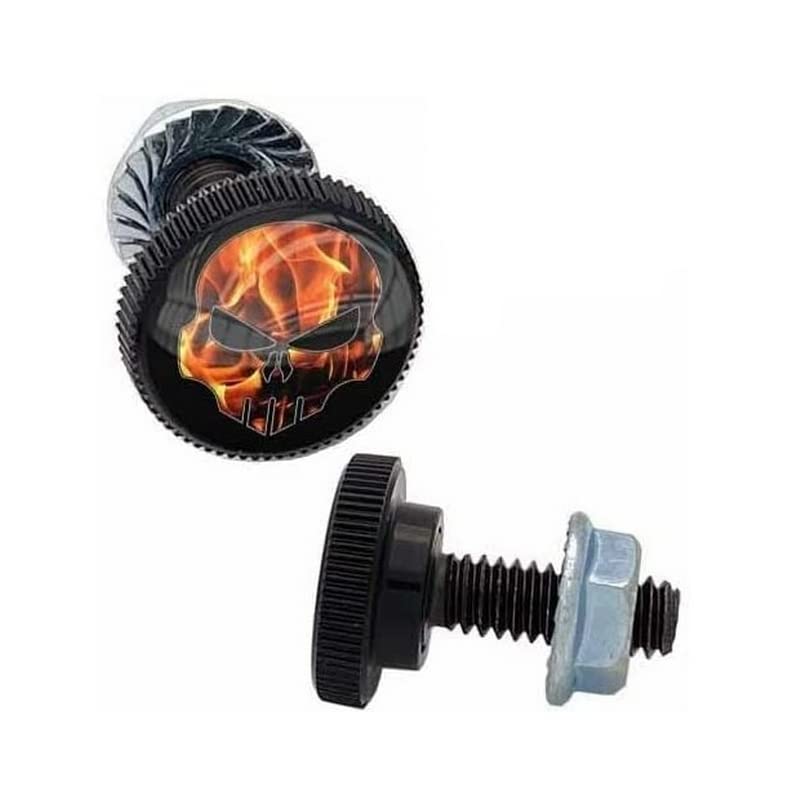 2 SM Black Knurled - License Plate Frame Fastener Tag Bolts - FIRE Skull G B Style-9856-3117