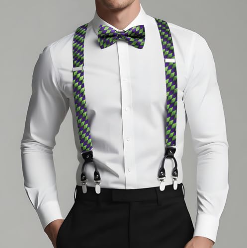 Image of Dubulle Suspender and Bow Tie for Men Paisley Solid Mens Suit Braces Pretied Bowtie and Handkerchief Cufflinks Formal Wedding