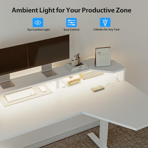 Image of Agilestic 63 Inch L Shaped Electric Standing Desk with Shelf, Height Adjustable Large Desk with Power Outlet & LED, Corner Sit Stand Up Table with Monitor Stand, Computer Workstation, White