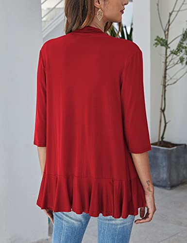 Bluetime Women Irregular Lightweight Soft Draped Open Front Cardigan 3/4 Sleeve Kimono Coverups Plus Size (S-3Xl) (Xl, Red) #TOP6