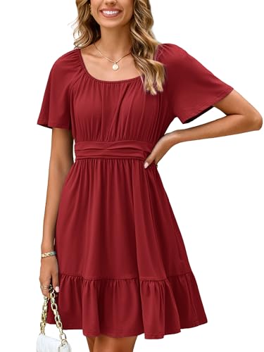 Image of Simplee Womens Summer Dresses 2026 Mini Square Neck Casual Short Sleeve Shirred Flowy A-Line Dress with Pockets