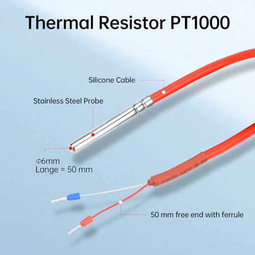 Image of Diymore 2 PCS 5M PT1000 Temperature Sensor, Silicone Cable, Stainless Steel Probe, -122F~356F, High-Precision Platinum Resistance Thermometer