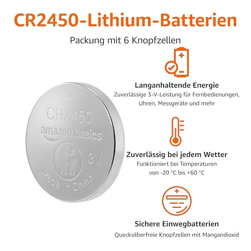 Amazon Basics CR2450 Lithium-Knopfzellenbatterie, Langlebige Leistung, frei von Quecksilber, 3 V, kindersichere Verpackung (zum Öffnen Schere verwenden), 6er-Pack