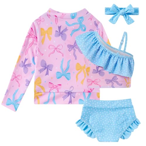 Image of Funnycokid Baby Toddler Girls Swimsuit 4 Piece Bathing Suit Long Sleeve Rash Guard Sets 12 Months-7 Years