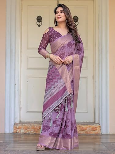 Image of ALMAARI FASHION Floral Printed Cotton Saree for Women with Handloom Zari Weave, Traditional Lightweight Ethnic Saree for Wedding Festive Office Party with Blouse Piece (LINEN 81-90 SH)