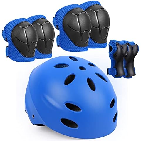 Kids Protective Gear Set, 7 in 1 Adjustable Bike Helmets for Roller Skating Skateboard BMX Scooter Cycling Age 3-8 Years Old Boys Girls (Knee Pads+Elbow Pads+Wrist Pads+Helmet)- Blue Cover