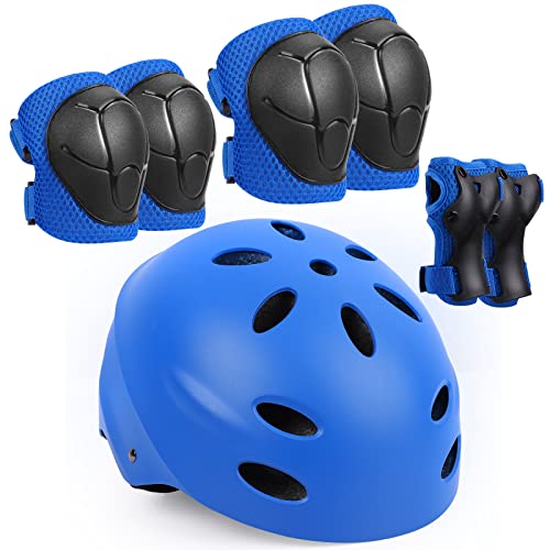 Casque de vélo 7 en 1 pour enfant avec genouillère, protège-poignets, casque de skateboard réglable pour enfants de 5 à 12 ans, pour scooter, cyclisme, skateboard (bleu)