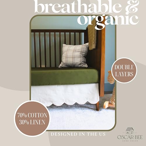Oscar Bee FRONT + TWO SIDES White Scalloped Crib Skirt (Front/Two Sides) - Adjustable Crib Skirt - Linen Crib Skirt Girl Crib Bedding thumb #4