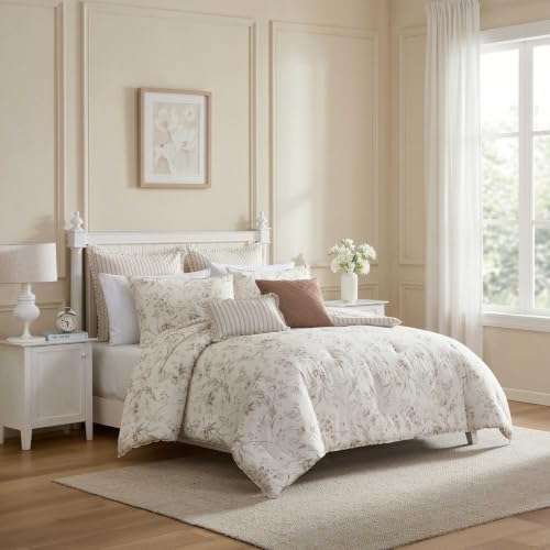 Image of Laura Ashley - Reversible Cotton King Comforter Set with Sham & Pillows | 100% Cotton, Polyester Fill, Includes 2 Shams, 2 Euro Shams & 2 Throw Pillows, Reversible, Machine Washable