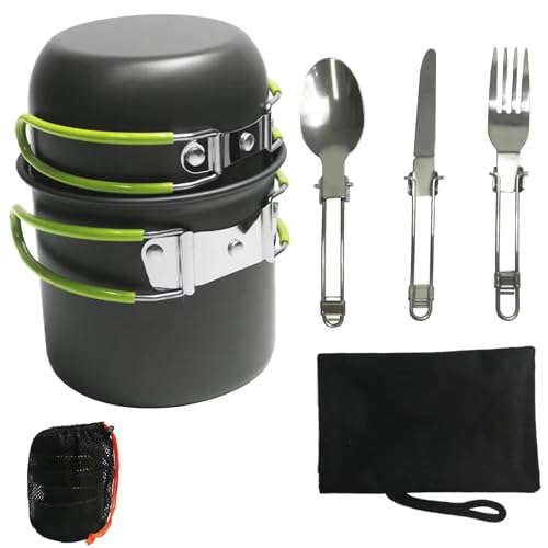 Set de Cocina Antiadherente Plegable, Incluye 2 Cazos, 1 Tenedor, 1 Cuchara, 1 Cuchillo, Fabricado en Aluminio, Bolsa con Zip para Mejor Transporte, Ideal para Actividades Outdoor, Camping, Senderismo