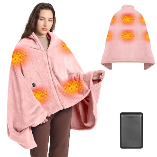 Moteoza Manta Eléctrica Sin Cables 160x90 cm con Batería 16000 mAh, 6 Zonas de Calor, 3 Niveles de Temperatura, Portátil Franela Chal Calefactable Termica para Hogar, Oficina, Coche y Camping(Rosa)