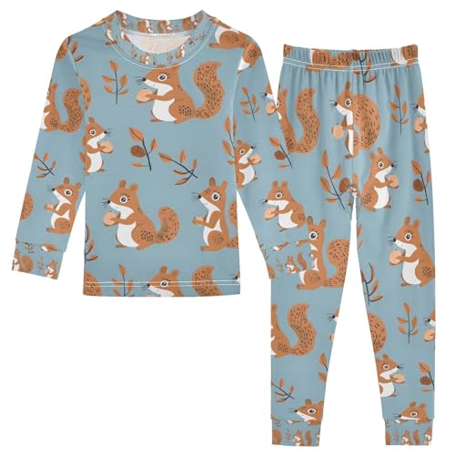 senya Squirrels Holding Nuts Pajamas Set Long Sleeve Soft Cotton Sleepwear 2 Piece