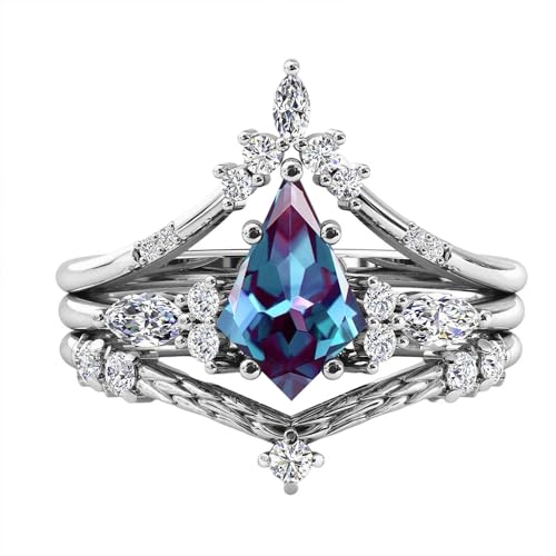 Alexandrite Engagement Ring Set Art Deco Leaf Wedding Ring Set Sterling silver 2CT Alexandrite Bridal Promise Ring Set For Women（Size 4-16）