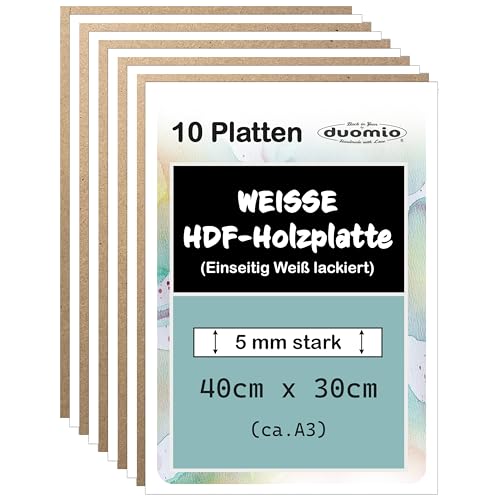 (10 Platten, A3, 5mm) Hochwertige HDF Hochverdichtete Faserplatten - Einseitig Weiß lackiert, besser als MDF Platten dicker, stabiler, günstiger 5mm; ideales Holz zum Basteln, bedrucken/Lasercut