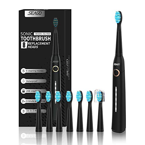 SEAGO Brosse à dents électrique , sonique brosse a dent brosse a dent electrique rechargeable par USB 5 modes et 8 tete brosse a dent (Noir)