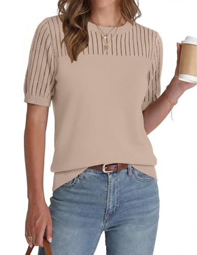Zeagoo Womens Summer Tops 2026 Fashion Crewneck Hollow Out Shirts Short Sleeve Sweater Dressy Casual Blouses Elegant Business Causal Outfits Beige