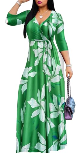 Image of Women's Floral Maxi Dress Summer Casual V-Neck 3 /4 Sleeve Long Bohemian Print Evening Party Dress