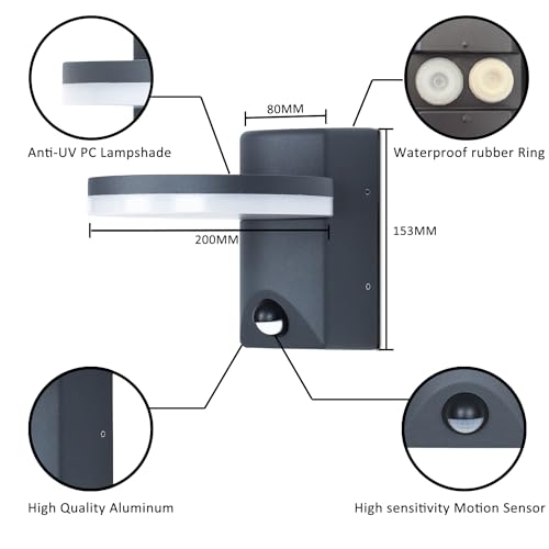 FLORNIA Outside Light with Motion Sensor Outdoor Wall Lighting Mains Powered PIR Aluminum External Weatherproof lamp for House 800LM 12W 4000K IP44 - Image 5