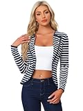 Allegra K Women's Notched Lapel Button Decor Striped Blazer M Blue White
