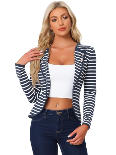 Allegra K Women's Notched Lapel Casual Work Office Striped Blazer Medium Blue
