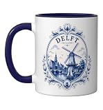 Delft Holland Windmill Blue Tile Art Dutch Canal Porcelain Ceramic Mug, Dark Blue/White, 11oz