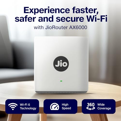 Image of Jio AX6000 Universal Wi-Fi 6 Router, Dual Band, Mesh Ready, Gaming Router, Upto 6 Gbps Speed, 8K Streaming, WPA3 Advanced Security, MU-MIMO, OFDMA, Wide Coverage, Easy Setup, JioHome App (JIDU6801 IN)