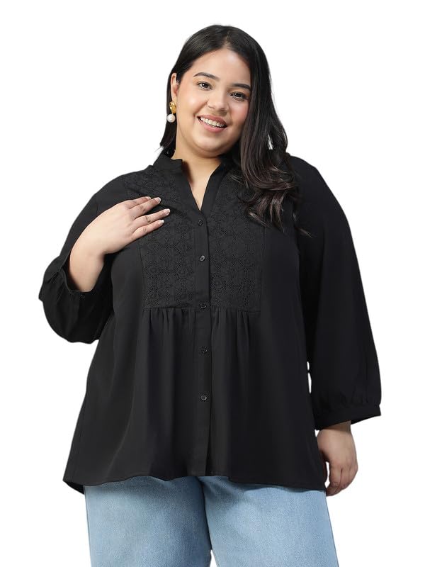 Image of oxolloxo Plus Size Polyester Casual Tops | Relaxed Fit Solid Solid V-Neck |Regular Curved Tops ForPlus Size Women |Green
