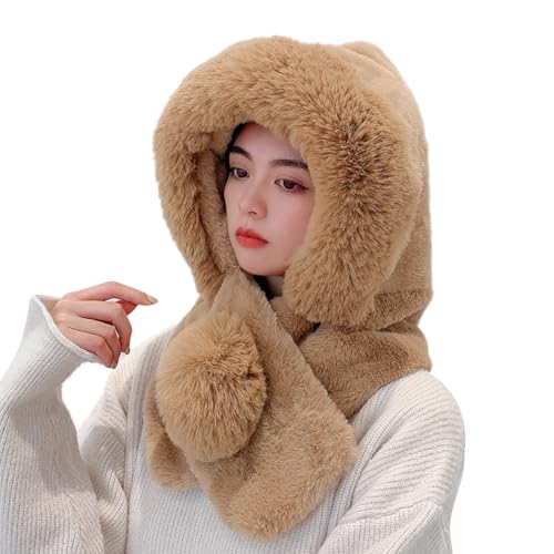 Warm Hooded Beanie Hat with Collar Scarf Faux Fur Furry Windproof Trapper Russian Balaclava Hat Skiing Hiking Earflap Cap Khaki