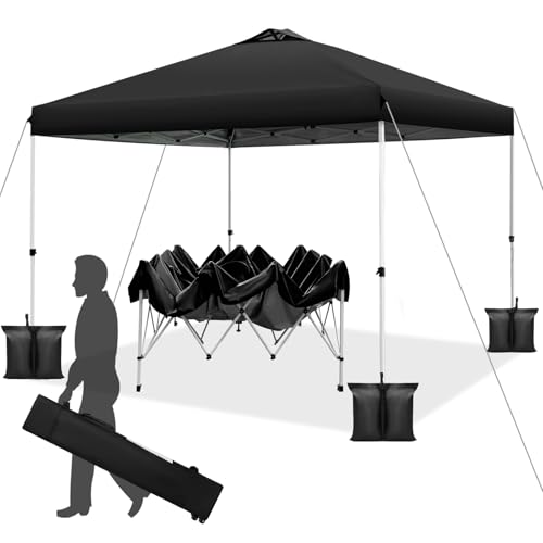 WEIZE 10x10 pop up Canopy Tent, One-Button Push Setup, Adjustable Height pop up Gazebo, Instant Portable Shelter, 4 Weight Bags, Sun Shade for Events & Camping, Silver Coated Top, Black