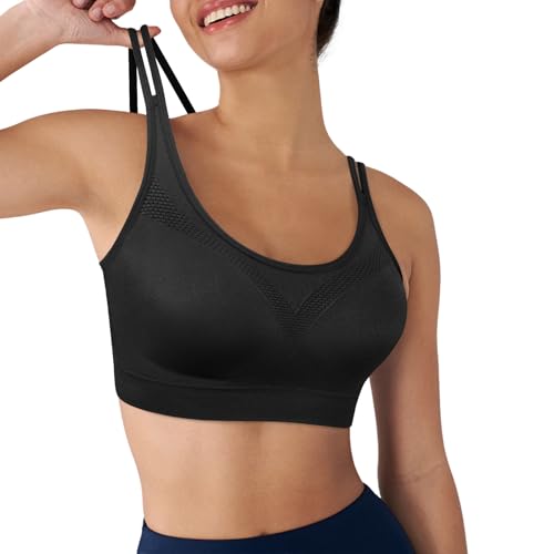 Image of WOYYHO Cross Back Sports Bra for Women Padded Medium Support Workout Bra | 3 Pack, Strappy, Removable Pads, Soft, Spaghetti Strap, Moisture-Wicking, Seamless, for Athletic Yoga Gym Fitness Daily