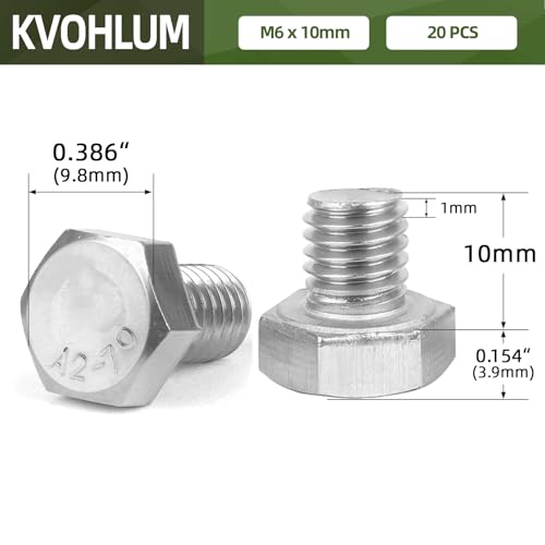 Image of 20 PCS M6 x 10mm Hex Head Screw Bolt, External Hex Drive Machine Screw Bolts, Fully Threaded, Stainless Steel 18-8, Plain Finish