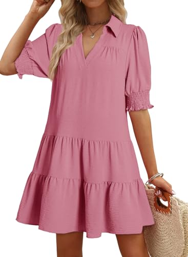 Image of Dokotoo Casual Dresses for Women Lapel Collared V Neck Mid Sleeved Pleated Summer Dresses for Women 2026 Midi Dresses