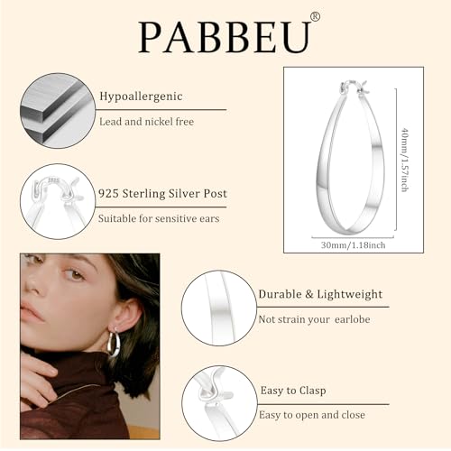 PABBEU Sterling Silver Hoop Earrings for Women, Lightweight Large Oval Hoops Earrings, Hypoallergenic Silver Hoop Earring for Women Gifts 30/40/50/60MM2