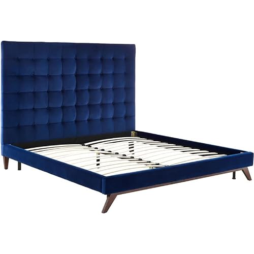 Tov Furniture The Eden Collection Grey Modern Style Velvet Upholstered Bed With Button Tufted Headboard, Queen Size, Navy #TOP5