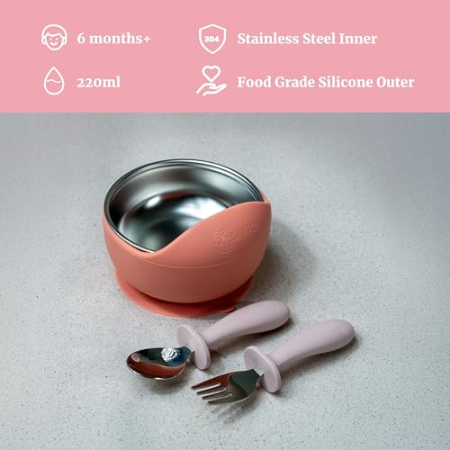 Image of Feeding Set of 3 for Kids | Suction Plate, Suction Bowl, Cutlery Spoon Fork | Stainless Steel | Easy Grip |Self Feeding Set for 6m+ | Dishwasher Safe (Rosebud)